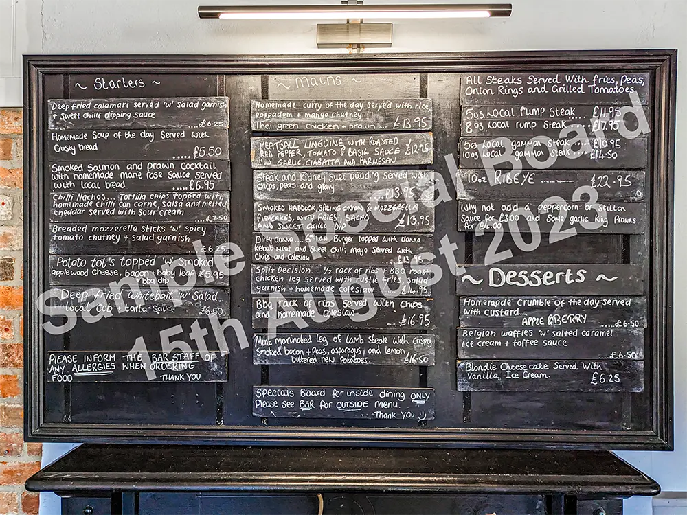 specials board at the horse and groom august 2023